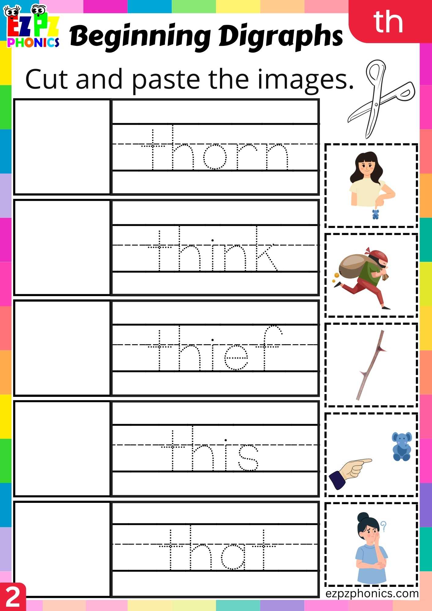 Group2 TH Words Cut And Paste The Images Consonant Digraphs Phonics Beginning Worksheet
